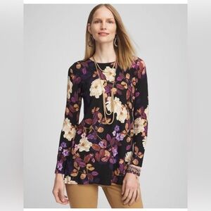 Chico's Fall Floral Crew Neck Sweater Tunic Top Feminine Soft Comfy Career XL